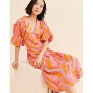 Farm Rio Bright Forest Button Front Midi Dress In Orange Size XS New